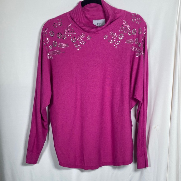 Liv Milano Sweaters - Rhinestone Embellished Liv Milano Pink Knit Turtleneck Sweater Sz XL Valentine